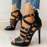 Solid Hollow Out Ankle Strap Thin Heeled Sandals Oshnow