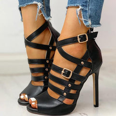 Solid Hollow Out Ankle Strap Thin Heeled Sandals Oshnow