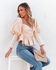 Soph Puff Sleeve Peplum Crop Top - Beige Oshnow