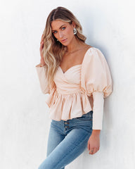 Soph Puff Sleeve Peplum Crop Top - Beige Oshnow