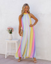 Springtime State Of Mind Striped Flowy Jumpsuit - Rainbow Oshnow