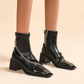 Square Toe Chain Block Heeled Ankle Booties Oshnow
