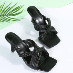 Square Toe Cross Strap Stiletto Heeled Slippers Oshnow