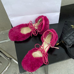 Square Toe Fuzzy Chunky Heeled Lace-Up Pumps Oshnow