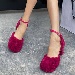 Square Toe Fuzzy Chunky Heeled Lace-Up Pumps Oshnow