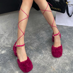 Square Toe Fuzzy Chunky Heeled Lace-Up Pumps Oshnow