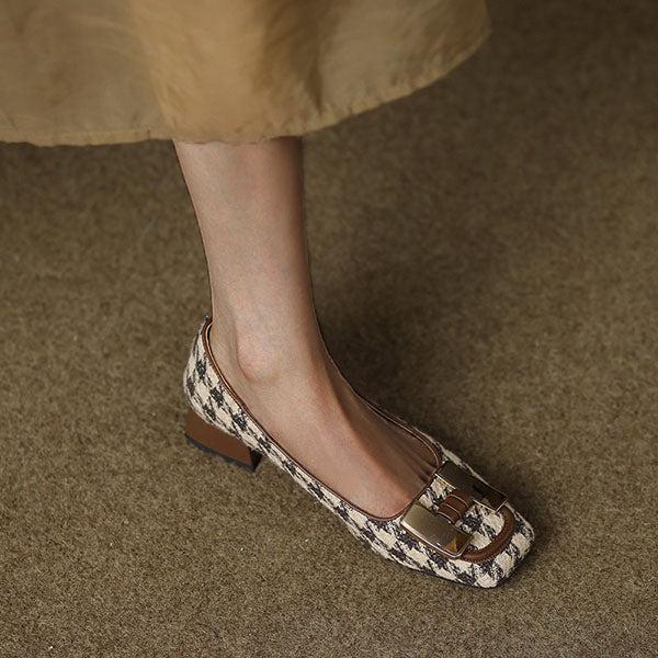 Square Toe Houndstooth Low Heels Oshnow