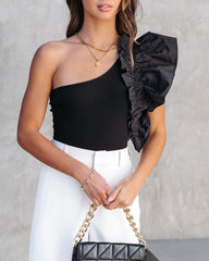 Statement Maker Ribbed One Shoulder Ruffle Bodysuit - Black Oshnow