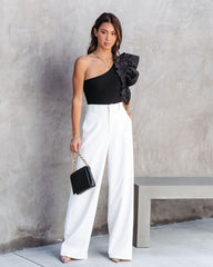 Statement Maker Ribbed One Shoulder Ruffle Bodysuit - Black Oshnow