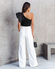 Statement Maker Ribbed One Shoulder Ruffle Bodysuit - Black Oshnow