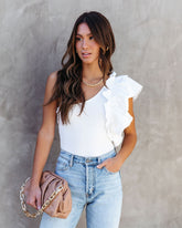 Statement Maker Ribbed One Shoulder Ruffle Bodysuit - White Oshnow