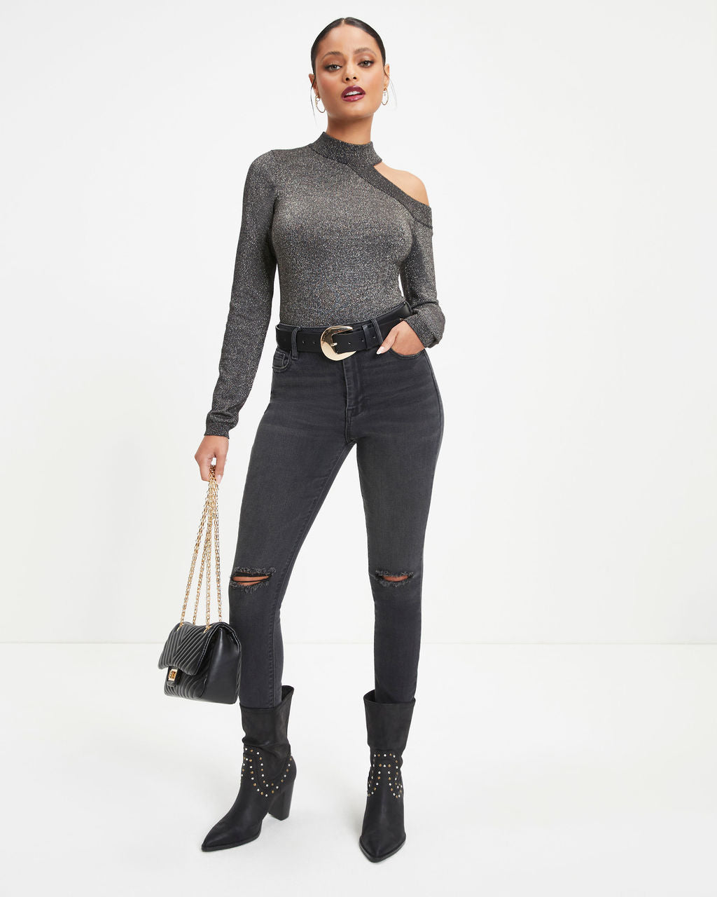 Stronger Than You Knit Metallic Cutout Bodysuit Oshnow