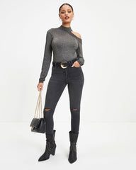 Stronger Than You Knit Metallic Cutout Bodysuit Oshnow