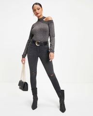 Stronger Than You Knit Metallic Cutout Bodysuit Oshnow