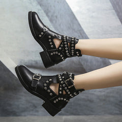 Studded Cut Out Buckle Strap Chunky Heel Boots Oshnow