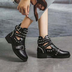 Studded Cut Out Buckle Strap Chunky Heel Boots Oshnow