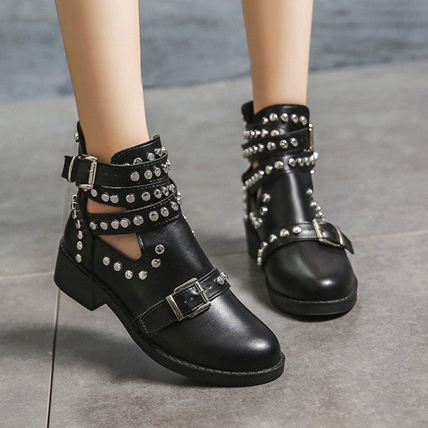 Studded Cut Out Buckle Strap Chunky Heel Boots Oshnow