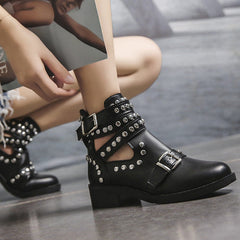 Studded Cut Out Buckle Strap Chunky Heel Boots Oshnow