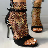 Studded Grid Mesh Open Toe Thin Heels Oshnow