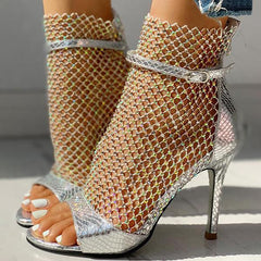 Studded Grid Mesh Open Toe Thin Heels Oshnow