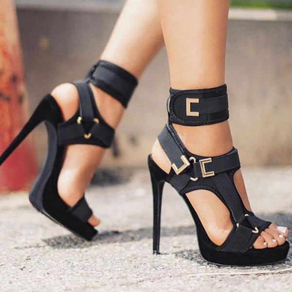 Stylish Buckle Ankle-Wrap High Heels Oshnow
