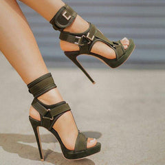 Stylish Buckle Ankle-Wrap High Heels Oshnow