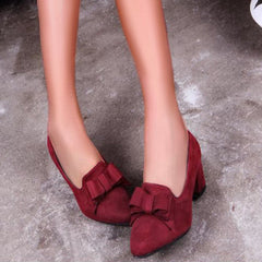 Suede Block Heel Pumps Bowknot Round Toe Slip on Dress Shoes Oshnow