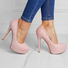 Suede Round Toe Platform Stilettos Slip on High Heel Pumps Oshnow