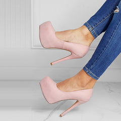 Suede Round Toe Platform Stilettos Slip on High Heel Pumps Oshnow