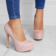 Suede Round Toe Platform Stilettos Slip on High Heel Pumps Oshnow