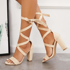 Suisecloths Chunky Block High Heels Lace Up Ankle Strap Sandals Oshnow