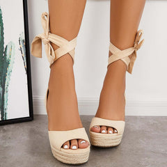 Suisecloths Lace up Espadrille Heel Platform Wedges Ankle Strap Sandals Oshnow