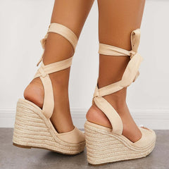 Suisecloths Lace up Espadrille Heel Platform Wedges Ankle Strap Sandals Oshnow