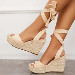 Suisecloths Lace up Espadrille Heel Platform Wedges Ankle Strap Sandals Oshnow