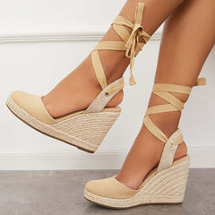 Suisecloths Lace up Espadrille Wedges Platform Heel Singback Sandals Oshnow