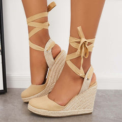 Suisecloths Lace up Espadrille Wedges Platform Heel Singback Sandals Oshnow