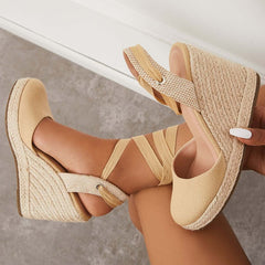 Suisecloths Lace up Espadrille Wedges Platform Heel Singback Sandals Oshnow
