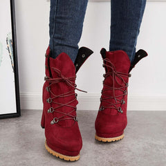 Suisecloths Non Slip Chunky Platform High Heels Lace Up Ankle Boots Oshnow