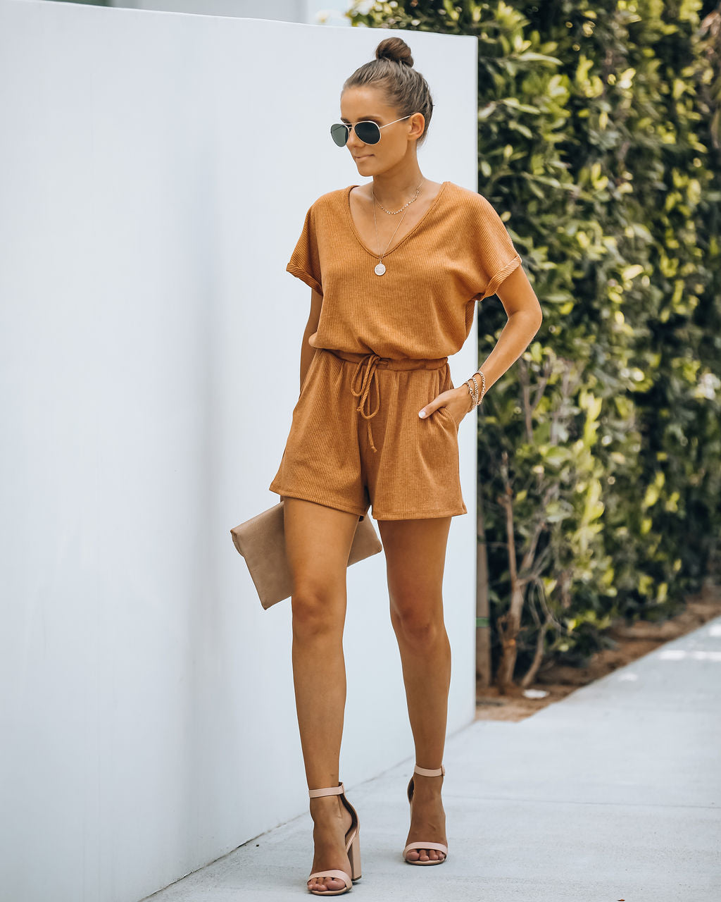Summer's End Pocketed Knit Romper - Camel Oshnow