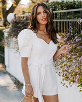 Susie Denim Puff Sleeve Romper - White Oshnow