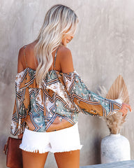 Taj Printed Shimmer Cold Shoulder Blouse Oshnow