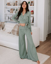 Take A Breather Ribbed High Rise Wide Leg Pants - Sage Oshnow