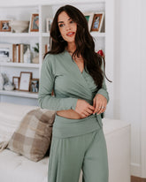 Take A Breather Ribbed Long Sleeve Wrap Top - Sage Oshnow