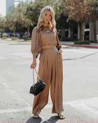 Tamra Satin Crop Drawstring Blouse - Camel Oshnow