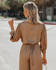 Tamra Satin Crop Drawstring Blouse - Camel Oshnow