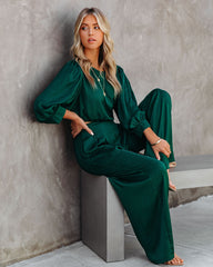 Tamra Satin Crop Drawstring Blouse - Dark Green Oshnow