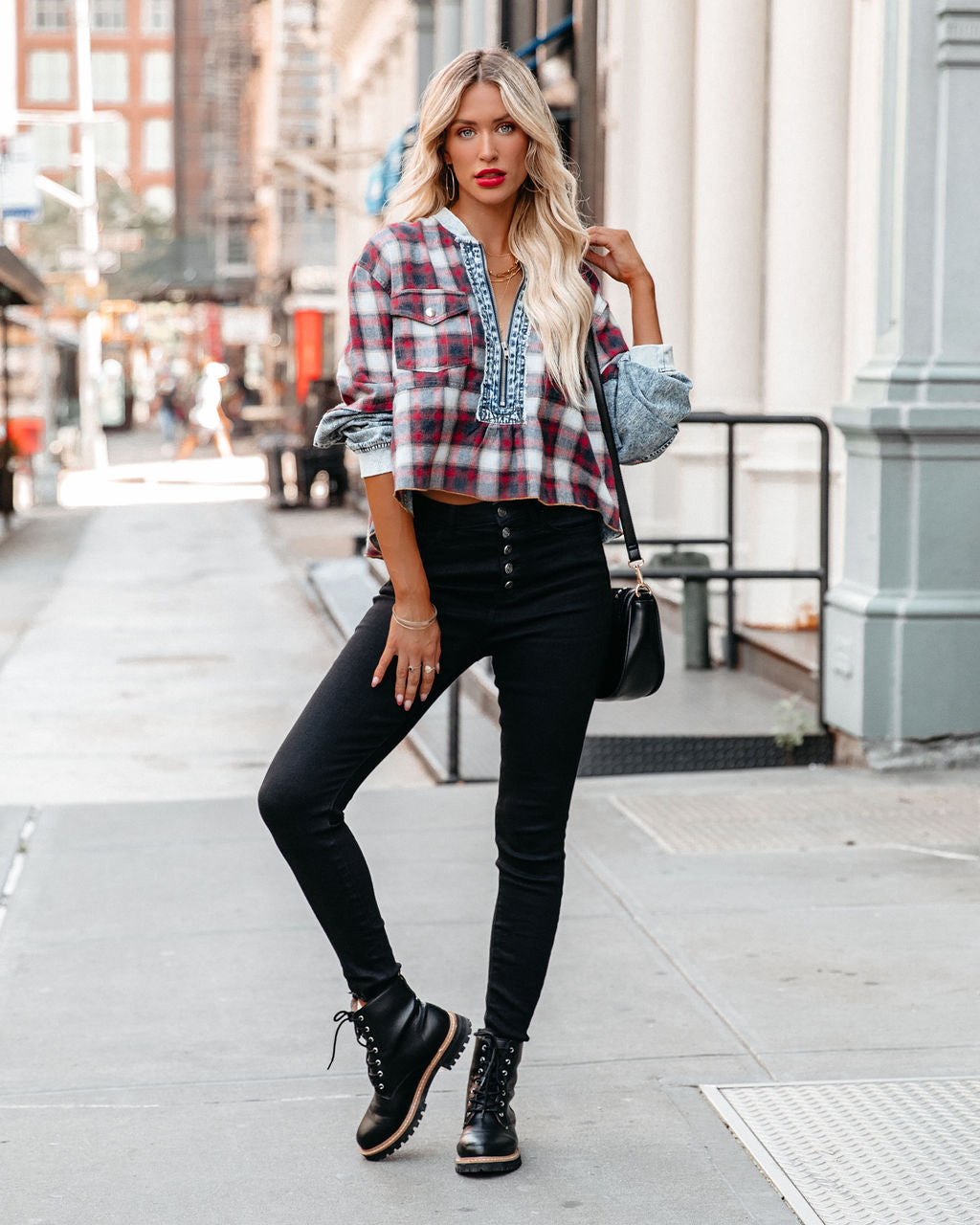 Thea Half Zip Acid Wash Plaid Top Oshnow