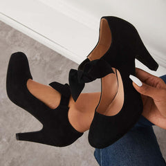 Thick Heel Pumps Bowknot Round Toe Ankle Strap Heels Oshnow