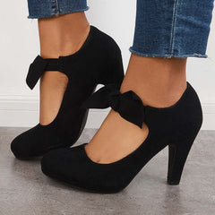 Thick Heel Pumps Bowknot Round Toe Ankle Strap Heels Oshnow