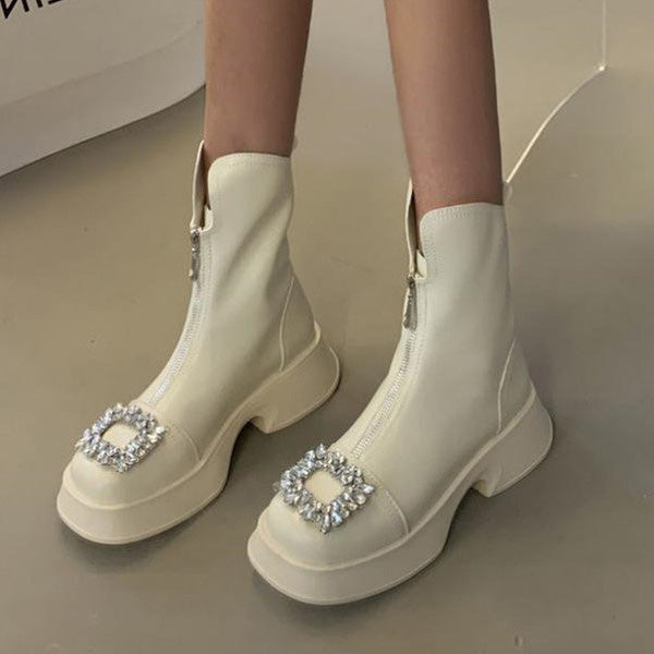 Thick-Soled Zipper Rhinestone Martin Boots Oshnow